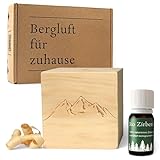 Zirben-Würfel Duft-Set | Zirbenholz-Würfel mit Motiv und Tropfstruktur + BIO Zirben-Öl (10 ml) | Duftspender aus Holz | Erhältiche Motive: Berge, Lebensbaum, Schlaf-gut, Herzen | Geschenk-Box (Berge)