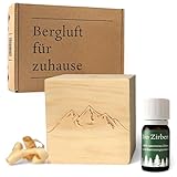 Zirben-Würfel Duft-Set | Zirbenholz-Würfel mit Motiv und Tropfstruktur + BIO Zirben-Öl (10 ml) | Duftspender aus Holz | Erhältiche Motive: Berge, Lebensbaum, Schlaf-gut, Herzen | Geschenk-Box (Berge)