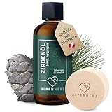 ALPEN HERZ Zirbenöl 100 ml mit Duftstein aus Zirbenholz - 100% naturrein ätherisches Zirbelkieferöl aus Österreich Duftöl Raumduft Duftlampe Zirbenwürfel Aroma Diffuser Zirbe Zirbelkiefer Öl